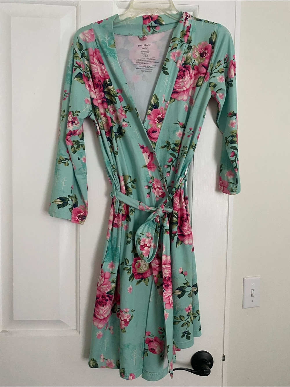 Posh Peanut Mint Floral Wrap Robe with Pink Roses